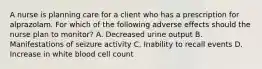 A nurse is planning care for a client who has a prescription for alprazolam. For which of the following adverse effects should the nurse plan to monitor? A. Decreased urine output B. Manifestations of seizure activity C. Inability to recall events D. Increase in white blood cell count