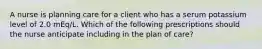 A nurse is planning care for a client who has a serum potassium level of 2.0 mEq/L. Which of the following prescriptions should the nurse anticipate including in the plan of care?