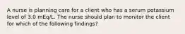 A nurse is planning care for a client who has a serum potassium level of 3.0 mEq/L. The nurse should plan to monitor the client for which of the following findings?