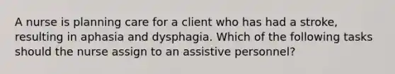 A nurse is planning care for a client who has had a stroke, resulting in aphasia and dysphagia. Which of the following tasks should the nurse assign to an assistive personnel?