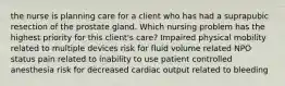 the nurse is planning care for a client who has had a suprapubic resection of the prostate gland. Which nursing problem has the highest priority for this client's care? Impaired physical mobility related to multiple devices risk for fluid volume related NPO status pain related to inability to use patient controlled anesthesia risk for decreased cardiac output related to bleeding