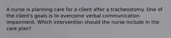 A nurse is planning care for a client after a tracheostomy. One of the client's goals is to overcome verbal communication impairment. Which intervention should the nurse include in the care plan?