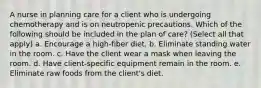 A nurse in planning care for a client who is undergoing chemotherapy and is on neutropenic precautions. Which of the following should be included in the plan of care? (Select all that apply) a. Encourage a high-fiber diet. b. Eliminate standing water in the room. c. Have the client wear a mask when leaving the room. d. Have client-specific equipment remain in the room. e. Eliminate raw foods from the client's diet.