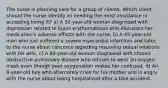 The nurse is planning care for a group of clients. Which client should the nurse identify as needing the most assistance in accepting being ill? a) A 32-year-old woman diagnosed with depression related to lupus erythematosus who discusses her medication's adverse effects with the nurse. b) A 45-year-old man who just suffered a severe myocardial infarction and talks to the nurse about concerns regarding resuming sexual relations with his wife. c) A 60-year-old woman diagnosed with chronic obstructive pulmonary disease who refuses to wear an oxygen mask even though poor oxygenation makes her confused. d) An 8-year-old boy who alternately cries for his mother and is angry with the nurse about being hospitalized after a bike accident.