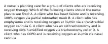 A nurse is planning care for a group of clients who are receiving oxygen therapy. Which of the following clients should the nurse plan to see first? A. A client who has heart failure and is receiving 100% oxygen via partial rebreather mask B. A client who has emphysema and is receiving oxygen at 3L/min via a transtrachial oxygen cannula C. A client who has an old tracheostomy and is receiving 40% humidified oxygen via tracheostomy collar D. A client who has COPD and is receiving oxygen at 2L/min via nasal cannula