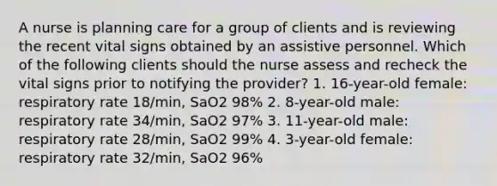 A nurse is planning care for a group of clients and is reviewing the recent vital signs obtained by an assistive personnel. Which of the following clients should the nurse assess and recheck the vital signs prior to notifying the provider? 1. 16-year-old female: respiratory rate 18/min, SaO2 98% 2. 8-year-old male: respiratory rate 34/min, SaO2 97% 3. 11-year-old male: respiratory rate 28/min, SaO2 99% 4. 3-year-old female: respiratory rate 32/min, SaO2 96%