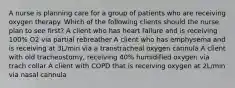 A nurse is planning care for a group of patients who are receiving oxygen therapy. Which of the following clients should the nurse plan to see first? A client who has heart failure and is receiving 100% O2 via partial rebreather A client who has emphysema and is receiving at 3L/min via a transtracheal oxygen cannula A client with old tracheostomy, receiving 40% humidified oxygen via trach collar A client with COPD that is receiving oxygen at 2L/min via nasal cannula