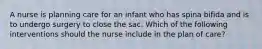 A nurse is planning care for an infant who has spina bifida and is to undergo surgery to close the sac. Which of the following interventions should the nurse include in the plan of care?