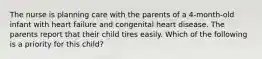 The nurse is planning care with the parents of a 4-month-old infant with heart failure and congenital heart disease. The parents report that their child tires easily. Which of the following is a priority for this child?