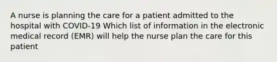 A nurse is planning the care for a patient admitted to the hospital with COVID-19 Which list of information in the electronic medical record (EMR) will help the nurse plan the care for this patient