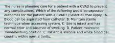 The nurse is planning care for a patient with a CVAD to prevent any complications. Which of the following would be expected outcomes for the patient with a CVAD? (Select all that apply.) A. Blood can be aspirated from catheter. B. Maintain sterile technique when accessing system. C. Site is intact and has normal color and absence of swelling. D. Patient maintains Trendelenburg position. E. Patient is afebrile and white blood cell count is within normal limits.