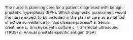 The nurse is planning care for a patient diagnosed with benign prostatic hyperplasia (BPH). Which diagnostic assessment would the nurse expect to be included in the plan of care as a method of active surveillance for this disease process? a. Serum creatinine b. Urinalysis with culture c. Transrectal ultrasound (TRUS) d. Annual prostate-specific antigen (PSA)