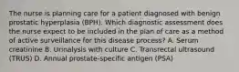 The nurse is planning care for a patient diagnosed with benign prostatic hyperplasia (BPH). Which diagnostic assessment does the nurse expect to be included in the plan of care as a method of active surveillance for this disease process? A. Serum creatinine B. Urinalysis with culture C. Transrectal ultrasound (TRUS) D. Annual prostate-specific antigen (PSA)