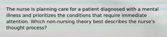 The nurse is planning care for a patient diagnosed with a mental illness and prioritizes the conditions that require immediate attention. Which non-nursing theory best describes the nurse's thought process?