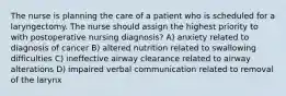 The nurse is planning the care of a patient who is scheduled for a laryngectomy. The nurse should assign the highest priority to with postoperative nursing diagnosis? A) anxiety related to diagnosis of cancer B) altered nutrition related to swallowing difficulties C) ineffective airway clearance related to airway alterations D) impaired verbal communication related to removal of the larynx