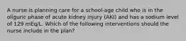 A nurse is planning care for a school-age child who is in the oliguric phase of acute kidney injury (AKI) and has a sodium level of 129 mEq/L. Which of the following interventions should the nurse include in the plan?