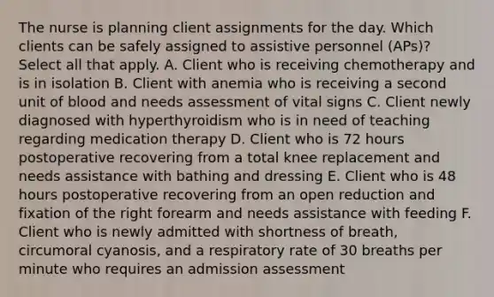 The nurse is planning client assignments for the day. Which clients can be safely assigned to assistive personnel (APs)? Select all that apply. A. Client who is receiving chemotherapy and is in isolation B. Client with anemia who is receiving a second unit of blood and needs assessment of vital signs C. Client newly diagnosed with hyperthyroidism who is in need of teaching regarding medication therapy D. Client who is 72 hours postoperative recovering from a total knee replacement and needs assistance with bathing and dressing E. Client who is 48 hours postoperative recovering from an open reduction and fixation of the right forearm and needs assistance with feeding F. Client who is newly admitted with shortness of breath, circumoral cyanosis, and a respiratory rate of 30 breaths per minute who requires an admission assessment