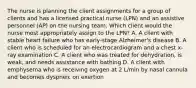 The nurse is planning the client assignments for a group of clients and has a licensed practical nurse (LPN) and an assistive personnel (AP) on the nursing team. Which client would the nurse most appropriately assign to the LPN? A. A client with stable heart failure who has early-stage Alzheimer's disease B. A client who is scheduled for an electrocardiogram and a chest x-ray examination C. A client who was treated for dehydration, is weak, and needs assistance with bathing D. A client with emphysema who is receiving oxygen at 2 L/min by nasal cannula and becomes dyspneic on exertion