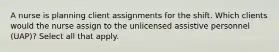 A nurse is planning client assignments for the shift. Which clients would the nurse assign to the unlicensed assistive personnel (UAP)? Select all that apply.