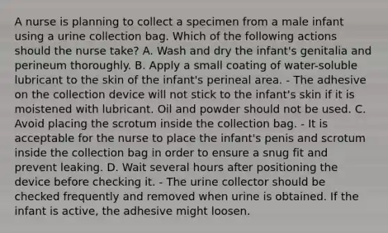 A nurse is planning to collect a specimen from a male infant using a urine collection bag. Which of the following actions should the nurse take? A. Wash and dry the infant's genitalia and perineum thoroughly. B. Apply a small coating of water-soluble lubricant to the skin of the infant's perineal area. - The adhesive on the collection device will not stick to the infant's skin if it is moistened with lubricant. Oil and powder should not be used. C. Avoid placing the scrotum inside the collection bag. - It is acceptable for the nurse to place the infant's penis and scrotum inside the collection bag in order to ensure a snug fit and prevent leaking. D. Wait several hours after positioning the device before checking it. - The urine collector should be checked frequently and removed when urine is obtained. If the infant is active, the adhesive might loosen.