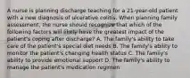 A nurse is planning discharge teaching for a 21-year-old patient with a new diagnosis of ulcerative colitis. When planning family assessment, the nurse should recognize that which of the following factors will likely have the greatest impact of the patient's coping after discharge? A. The family's ability to take care of the patient's special diet needs B. The family's ability to monitor the patient's changing health status C. The family's ability to provide emotional support D. The family's ability to manage the patient's medication regimen