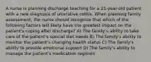 A nurse is planning discharge teaching for a 21-year-old patient with a new diagnosis of ulcerative colitis. When planning family assessment, the nurse should recognize that which of the following factors will likely have the greatest impact on the patient's coping after discharge? A) The family's ability to take care of the patient's special diet needs B) The family's ability to monitor the patient's changing health status C) The family's ability to provide emotional support D) The family's ability to manage the patient's medication regimen