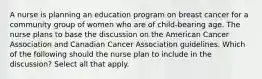 A nurse is planning an education program on breast cancer for a community group of women who are of child-bearing age. The nurse plans to base the discussion on the American Cancer Association and Canadian Cancer Association guidelines. Which of the following should the nurse plan to include in the discussion? Select all that apply.