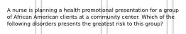 A nurse is planning a health promotional presentation for a group of African American clients at a community center. Which of the following disorders presents the greatest risk to this group?