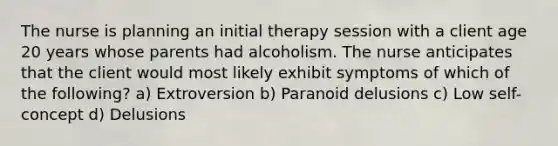 The nurse is planning an initial therapy session with a client age 20 years whose parents had alcoholism. The nurse anticipates that the client would most likely exhibit symptoms of which of the following? a) Extroversion b) Paranoid delusions c) Low self-concept d) Delusions