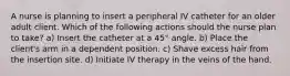 A nurse is planning to insert a peripheral IV catheter for an older adult client. Which of the following actions should the nurse plan to take? a) Insert the catheter at a 45° angle. b) Place the client's arm in a dependent position. c) Shave excess hair from the insertion site. d) Initiate IV therapy in the veins of the hand.