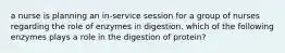 a nurse is planning an in-service session for a group of nurses regarding the role of enzymes in digestion. which of the following enzymes plays a role in the digestion of protein?