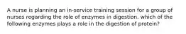 A nurse is planning an in-service training session for a group of nurses regarding the role of enzymes in digestion. which of the following enzymes plays a role in the digestion of protein?