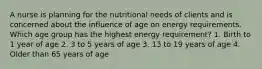 A nurse is planning for the nutritional needs of clients and is concerned about the influence of age on energy requirements. Which age group has the highest energy requirement? 1. Birth to 1 year of age 2. 3 to 5 years of age 3. 13 to 19 years of age 4. Older than 65 years of age