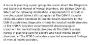 A nurse is planning a peer group discussion about the Diagnostic and Statistical Manual of Mental Disorders, 5th Edition (DSM-5). Which of the following information is appropriate to include in the discussion? (select all that apply) a) The DSM-5 includes client education handouts for mental health disorders b) The DSM-5 establishes diagnostic criteria for mental health disorders c) The DSM-5 indicates recommended pharmacological treatment for mental health disorders d) The DSM-5 assists nurses in planning care for client's who have mental health disorders. e) The DSM-5 indicates expected assessment findings of mental health disorders