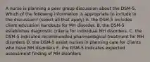 A nurse is planning a peer group discussion about the DSM-5. Which of the following information is appropriate to include in the discussion? (select all that apply) A. the DSM-5 includes client education handouts for MH disorder. B. the DSM-5 establishes diagnostic criteria for individual MH disorders. C. the DSM-5 indicated recommended pharmaological treatment for MH disorders D. the DSM-5 assist nurses in planning care for clients who have MH disorders E. the DSM-5 indicates expected assessment finding of MH disorders