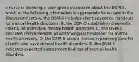 a nurse is planning a peer group discussion about the DSM-5. which of the following information is appropriate to include in the discussion? sata A. the DSM-5 includes client education handouts for mental health disorders. B. the DSM-5 establishes diagnostic criteria for individual mental health disorders. C. the DSM-5 indicates recommended pharmacological treatment for mental health disorders. D. the DSM-5 assists nurses in planning care for client's who have mental health disorders. E. the DSM-5 indicates expected assessment findings of mental health disorders.