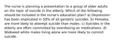 The nurse is planning a presentation to a group of older adults on the topic of suicide in the elderly. Which of the following should be included in the nurse's education plan? a) Depression has been implicated in 50% of all geriatric suicides. b) Females are more likely to attempt suicide than males. c) Suicides in the elderly are often committed by overdosing on medications. d) Widowed white males living alone are more likely to commit suicide.