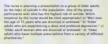 The nurse is planning a presentation to a group of older adults on the topic of suicide in the population. One of the group participants asks who has the highest risk of suicide. Which response by the nurse would be most appropriate? a) "Men over the age of 75 years who are divorced or widowed." b) "Older adults who are experiencing a deep and profound depression." c) "Older adult women who are divorced or widowed." d) "Older adults who have multiple prescriptions from a variety of different pharmacies."