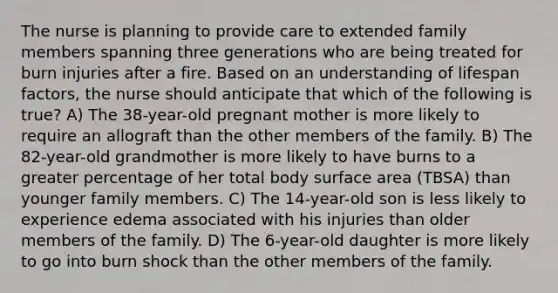 The nurse is planning to provide care to extended family members spanning three generations who are being treated for burn injuries after a fire. Based on an understanding of lifespan factors, the nurse should anticipate that which of the following is true? A) The 38-year-old pregnant mother is more likely to require an allograft than the other members of the family. B) The 82-year-old grandmother is more likely to have burns to a greater percentage of her total body surface area (TBSA) than younger family members. C) The 14-year-old son is less likely to experience edema associated with his injuries than older members of the family. D) The 6-year-old daughter is more likely to go into burn shock than the other members of the family.