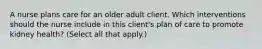 A nurse plans care for an older adult client. Which interventions should the nurse include in this client's plan of care to promote kidney health? (Select all that apply.)