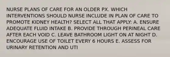 NURSE PLANS OF CARE FOR AN OLDER PX. WHICH INTERVENTIONS SHOULD NURSE INCLUDE IN PLAN OF CARE TO PROMOTE KIDNEY HEALTH? SELECT ALL THAT APPLY: A. ENSURE ADEQUATE FLUID INTAKE B. PROVIDE THROUGH PERINEAL CARE AFTER EACH VOID C. LEAVE BATHROOM LIGHT ON AT NIGHT D. ENCOURAGE USE OF TOILET EVERY 6 HOURS E. ASSESS FOR URINARY RETENTION AND UTI