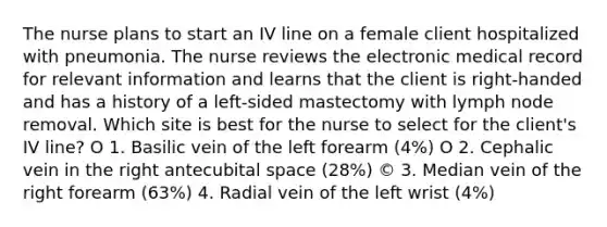 The nurse plans to start an IV line on a female client hospitalized with pneumonia. The nurse reviews the electronic medical record for relevant information and learns that the client is right-handed and has a history of a left-sided mastectomy with lymph node removal. Which site is best for the nurse to select for the client's IV line? O 1. Basilic vein of the left forearm (4%) O 2. Cephalic vein in the right antecubital space (28%) © 3. Median vein of the right forearm (63%) 4. Radial vein of the left wrist (4%)