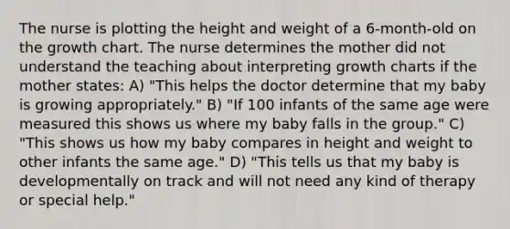 The nurse is plotting the height and weight of a 6-month-old on the growth chart. The nurse determines the mother did not understand the teaching about interpreting growth charts if the mother states: A) "This helps the doctor determine that my baby is growing appropriately." B) "If 100 infants of the same age were measured this shows us where my baby falls in the group." C) "This shows us how my baby compares in height and weight to other infants the same age." D) "This tells us that my baby is developmentally on track and will not need any kind of therapy or special help."