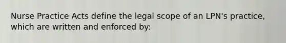 Nurse Practice Acts define the legal scope of an LPN's practice, which are written and enforced by: