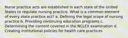 Nurse practice acts are established in each state of the United States to regulate nursing practice. What is a common element of every state practice act? a. Defining the legal scope of nursing practice b. Providing continuing education programs c. Determining the content covered in the NCLEX examination d. Creating institutional policies for health care practices