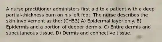 A nurse practitioner administers first aid to a patient with a deep partial-thickness burn on his left foot. The nurse describes the skin involvement as the: (CH53) A) Epidermal layer only. B) Epidermis and a portion of deeper dermis. C) Entire dermis and subcutaneous tissue. D) Dermis and <a href='https://www.questionai.com/knowledge/kYDr0DHyc8-connective-tissue' class='anchor-knowledge'>connective tissue</a>.