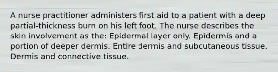 A nurse practitioner administers first aid to a patient with a deep partial-thickness burn on his left foot. The nurse describes the skin involvement as the: Epidermal layer only. Epidermis and a portion of deeper dermis. Entire dermis and subcutaneous tissue. Dermis and connective tissue.