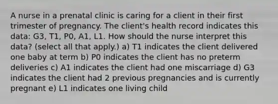 A nurse in a prenatal clinic is caring for a client in their first trimester of pregnancy. The client's health record indicates this data: G3, T1, P0, A1, L1. How should the nurse interpret this data? (select all that apply.) a) T1 indicates the client delivered one baby at term b) P0 indicates the client has no preterm deliveries c) A1 indicates the client had one miscarriage d) G3 indicates the client had 2 previous pregnancies and is currently pregnant e) L1 indicates one living child