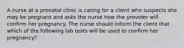 A nurse at a prenatal clinic is caring for a client who suspects she may be pregnant and asks the nurse how the provider will confirm her pregnancy. The nurse should inform the client that which of the following lab tests will be used to confirm her pregnancy?