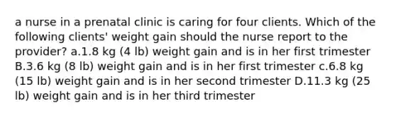 a nurse in a prenatal clinic is caring for four clients. Which of the following clients' weight gain should the nurse report to the provider? a.1.8 kg (4 lb) weight gain and is in her first trimester B.3.6 kg (8 lb) weight gain and is in her first trimester c.6.8 kg (15 lb) weight gain and is in her second trimester D.11.3 kg (25 lb) weight gain and is in her third trimester